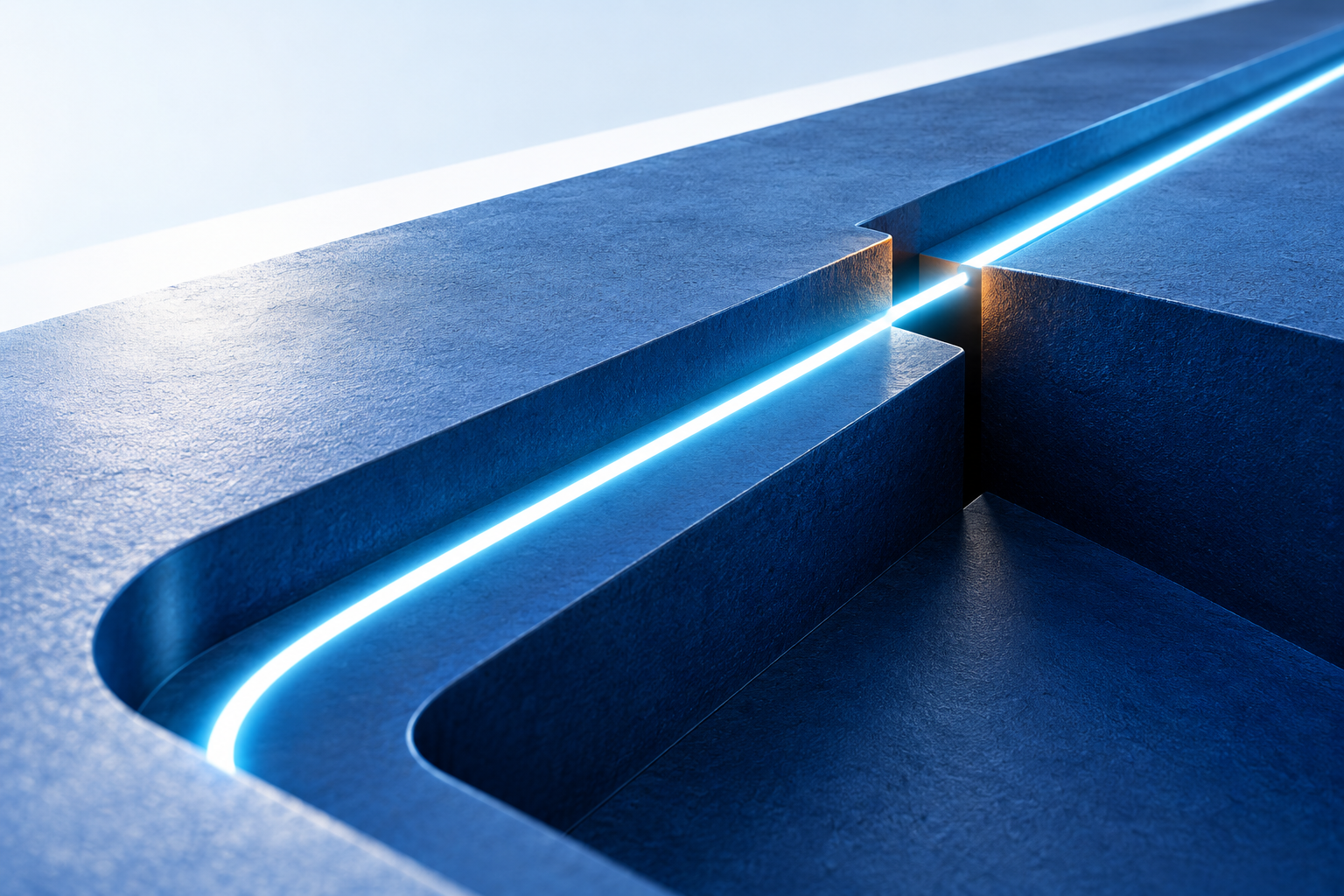 Un collegamento luminoso supera un'interruzione in una struttura blu