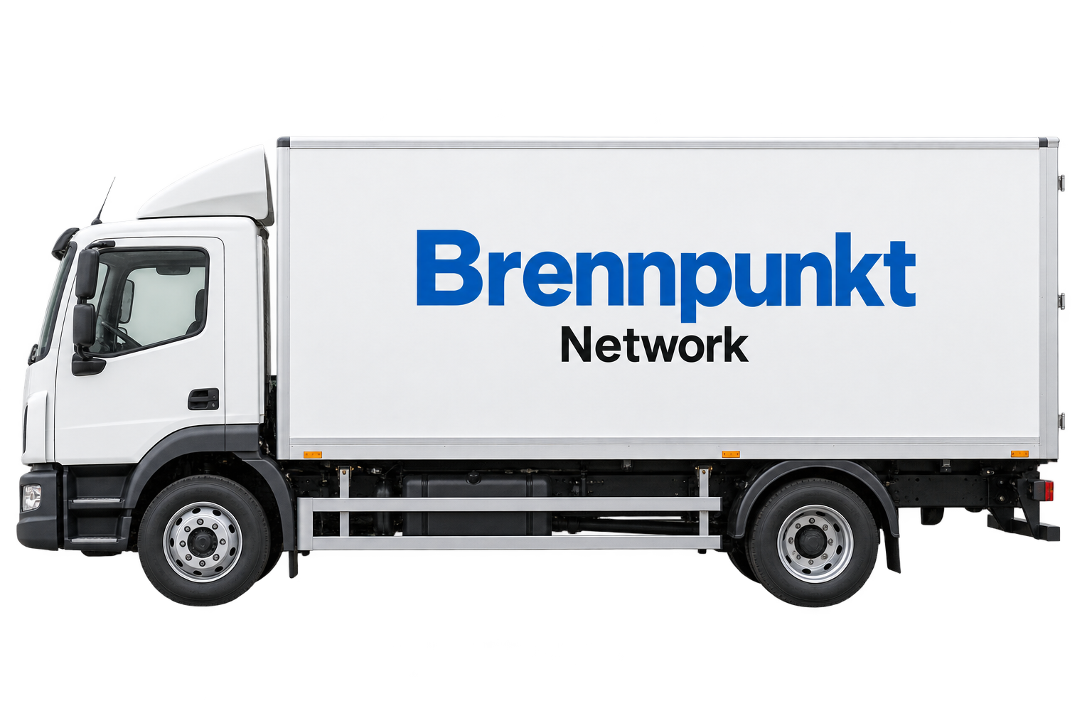 Witte 7,5-tonner in zijaanzicht met Brennpunkt Network-opschrift