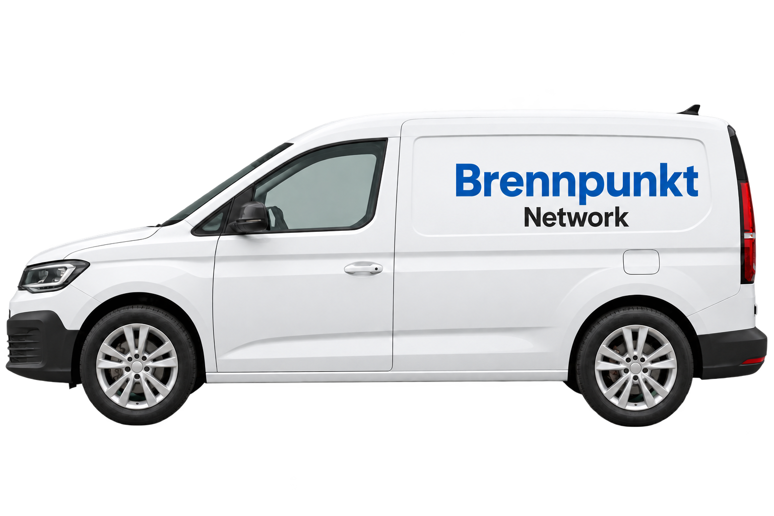 Witte Caddy in zijaanzicht met Brennpunkt Network-opschrift