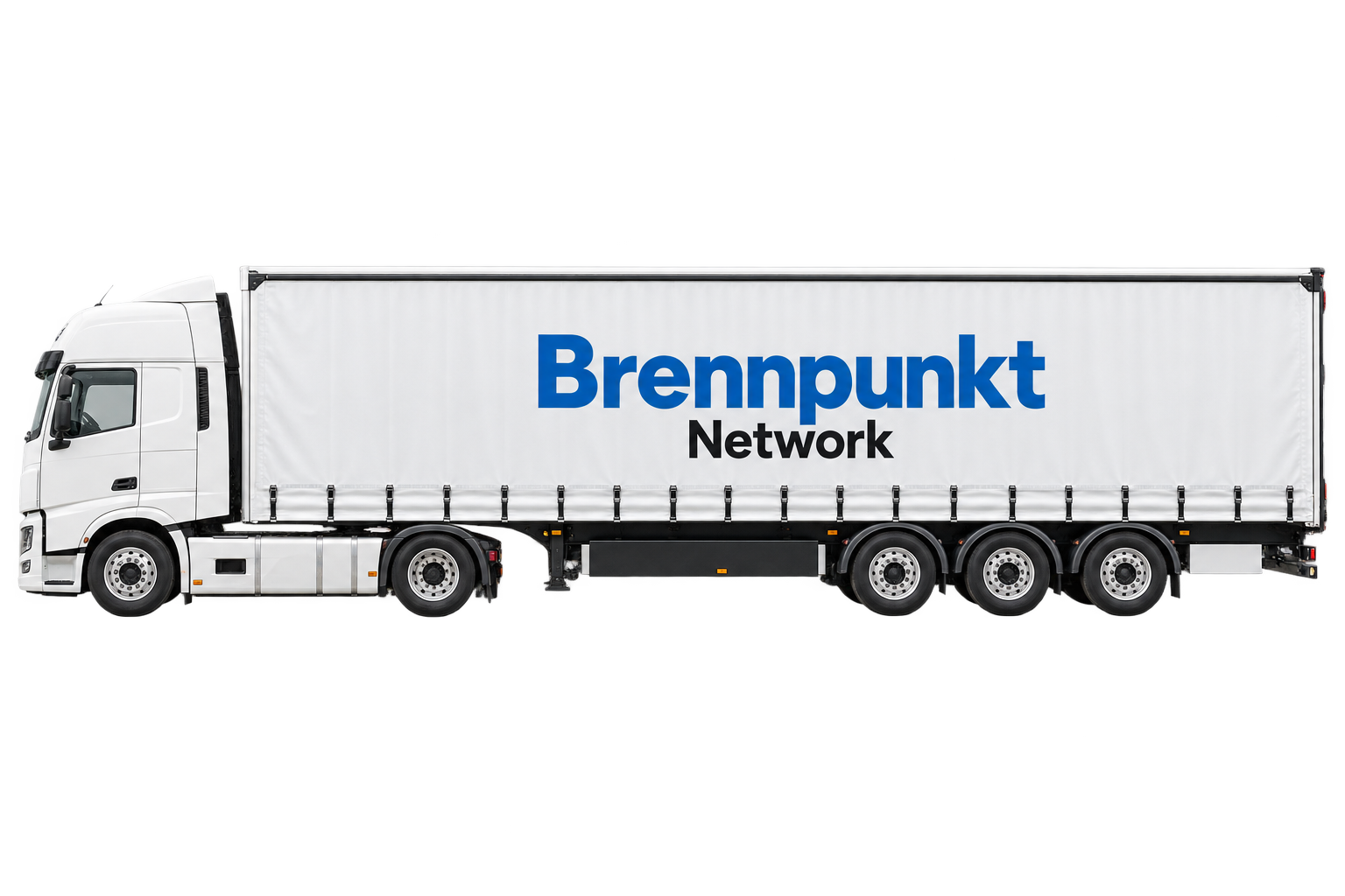 Witte mega-oplegger in zijaanzicht met Brennpunkt Network-opschrift