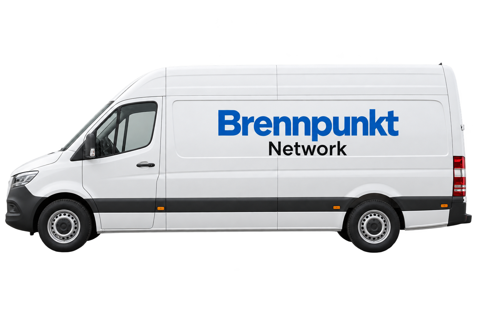 Witte Sprinter in zijaanzicht met Brennpunkt Network-opschrift