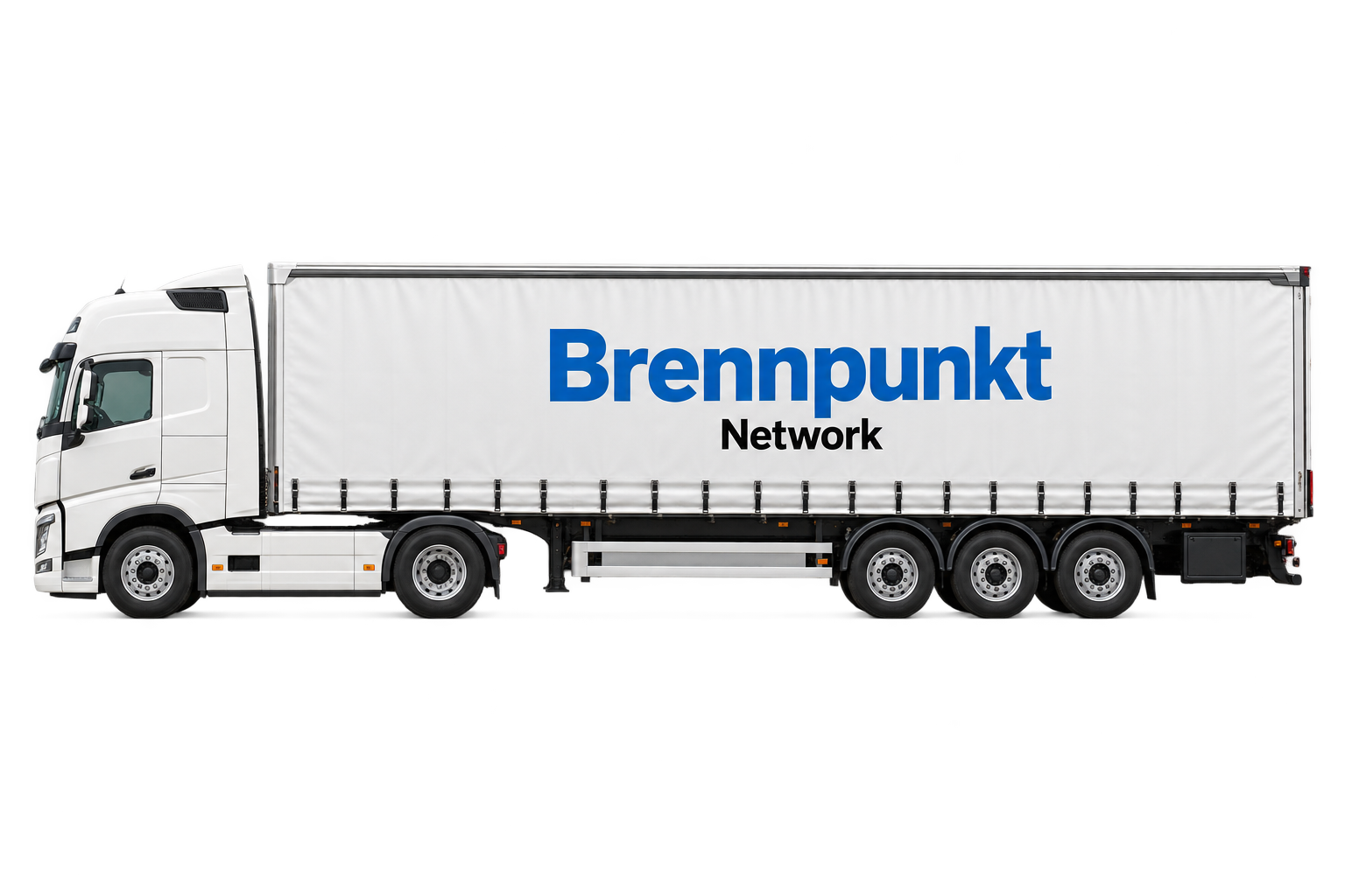 Witte schuifzeiloplegger in zijaanzicht met Brennpunkt Network-opschrift