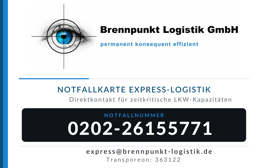 Brennpunkt Logistik: +49 202 26155771, express@brennpunkt-logistik.de, Transporeon 363122