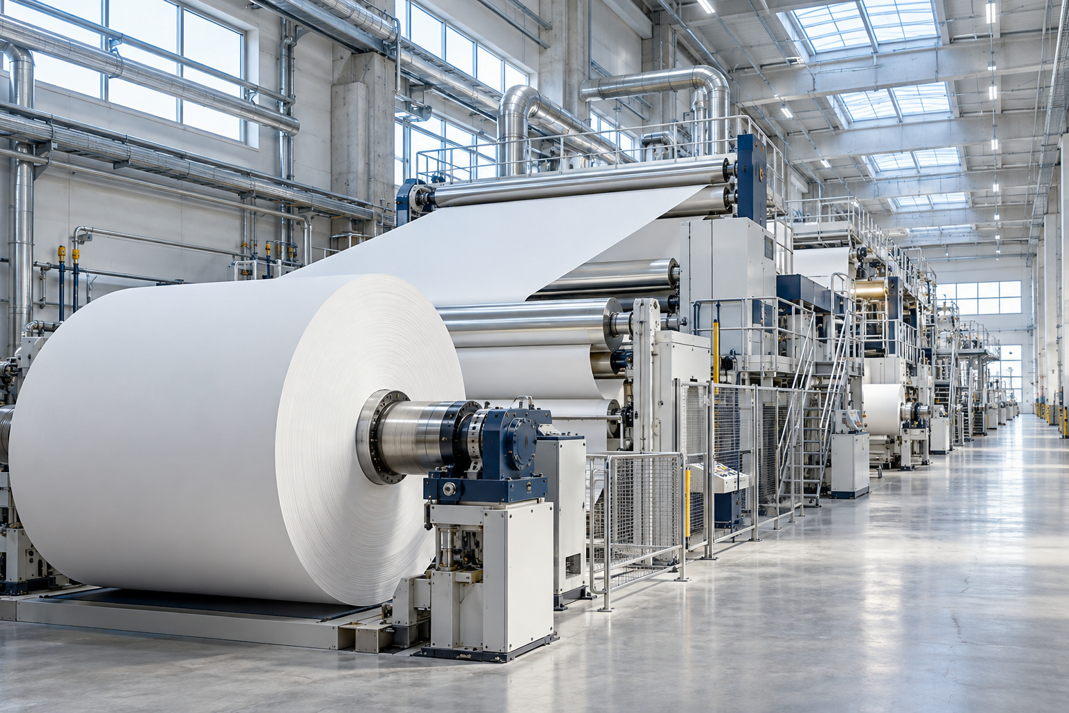 Produzione continua di carta in uno stabilimento moderno